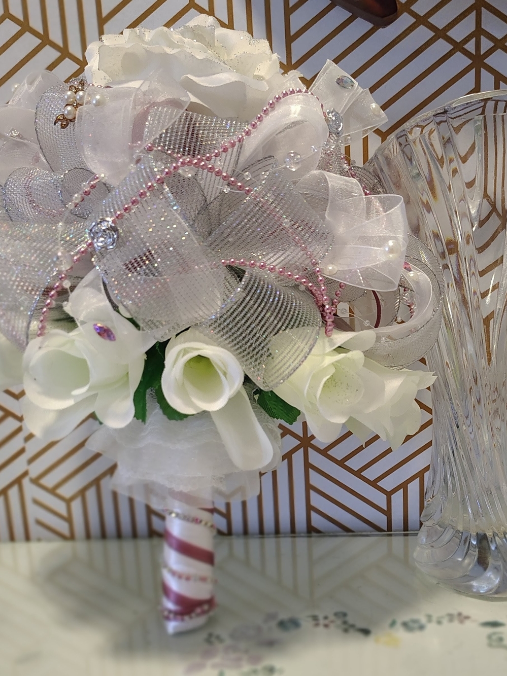 White Rose Bridal Bouquet with Silver Mesh & Pink Bead Accents